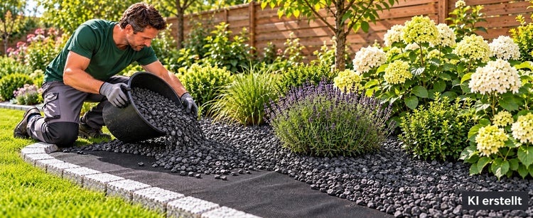 Gärtner verteilt Zierkies auf Unkrautvlies in einem gepflegten Gartenbeet mit Lavendel und Hortensien sowie einer Rasenkante aus Pflastersteinen.