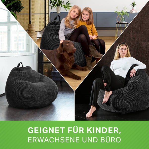 Green Bean Indoor Sitzsack 90x110cm EPS-Perlen Füllung & Cordstoff Kuschelig Weich Waschbar - Drinnen Bodenkissen Liegekissen Sitzkissen Sitzhocker Relax-Sessel Kinder Erwachsene Stoff Schwarz