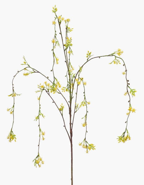Künstlicher Zweig mit kleinen gelben Blüten und grünen Blättern an einem braunen Stiel.