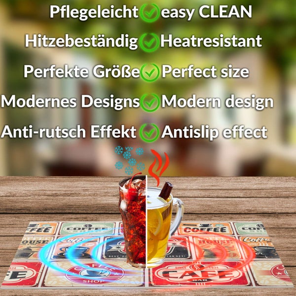 Hitzebeständiges Tischset mit Kaffeemotiven, pflegeleicht, rutschfest und modern gestaltet, geeignet für heiße und kalte Getränke.