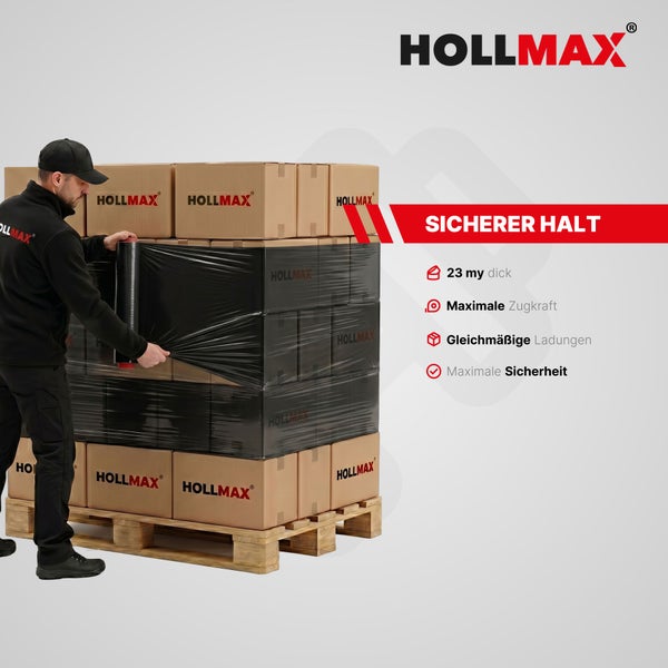 Ein Mann umwickelt Kartons auf einer Palette mit schwarzer HOLLMAX Stretchfolie. Die Folie ist 23 Mikrometer dick und bietet maximale Zugkraft.