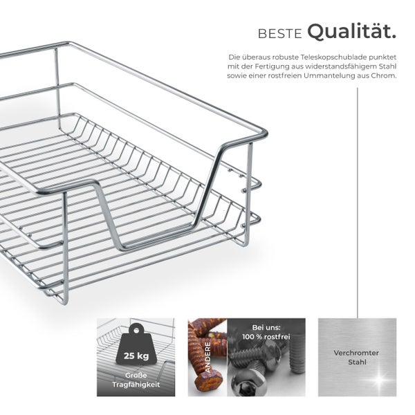 Teleskopschublade aus verchromtem Stahl mit hoher Tragfähigkeit und Rostfrei-Garantie