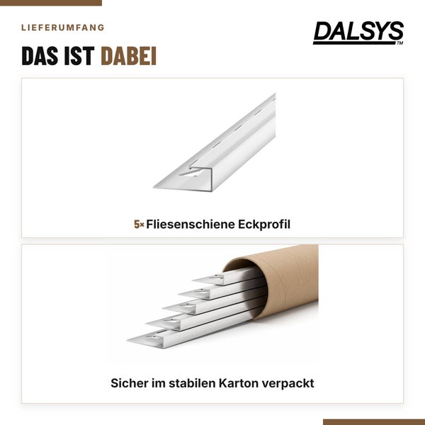 Fünf Dalsys Fliesenschienen Eckprofile aus Metall, sicher verpackt in einer stabilen Papprolle.