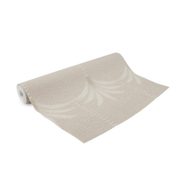 Vliestapete mit Blattmuster in Beige, teilweise ausgerollt, strukturierte Oberfläche.