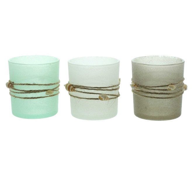 FRANK FLECHTWAREN | Windlicht Maritima, 3er Set, 7 x 7 x 8 cm, GLAS, MUSCHELN, JUTE,