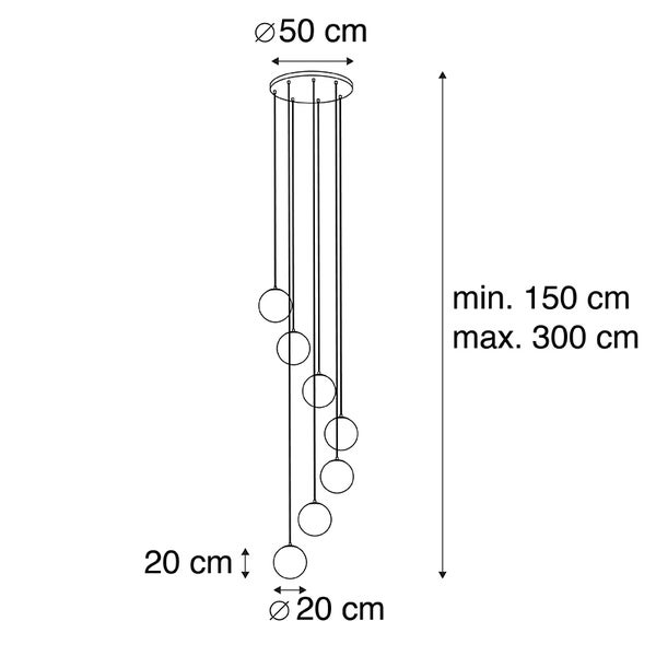 Skizze einer Pendelleuchte mit sieben Leuchtkörpern, Durchmesser 50 Zentimeter, Höhe minimal 150 Zentimeter, maximal 300 Zentimeter