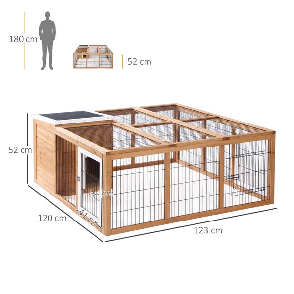 PawHut Kaninchenstall Kleintiergehege mit Dach zum Öffnen Kleintierkäfig Meerschweinchenstall mit Freigehege für draußen wetterbeständig Tannenholz Natur 123 x 120 x 52 cm
