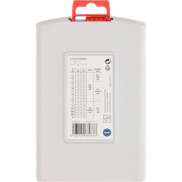 Verpackung einer Bohrersatz-Kassette mit Größenangaben und Herstellungsort