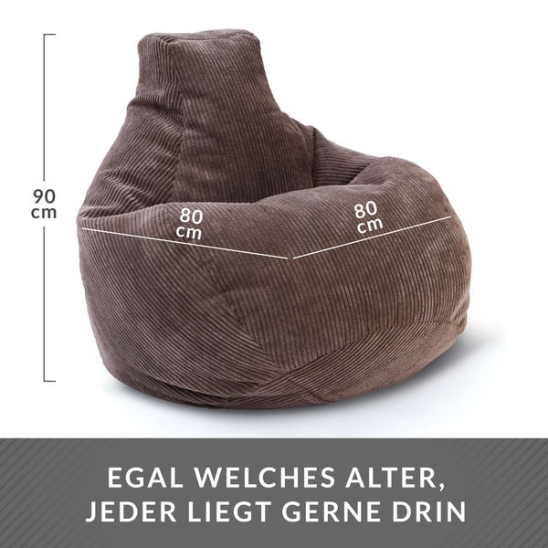 Green Bean Sitzsack mit Rückenlehne 80x80x90cm - Gaming Chair mit 230L Füllung Cordstoff - Bean Bag Bodenkissen Lounge Sitzhocker Relax-Sessel Gamer Gamingstuhl Dunkelgrau