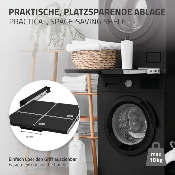 ML-Design Zwischenbaurahmen mit Ausziehplatte aus Stahl, 60x60 cm, Schwarz, Verbindungsrahmen für Waschmaschine/Trockner, Zwischenbausatz mit Auszug als Ablage für Wäschekorb, Zwischenrahmen Universal