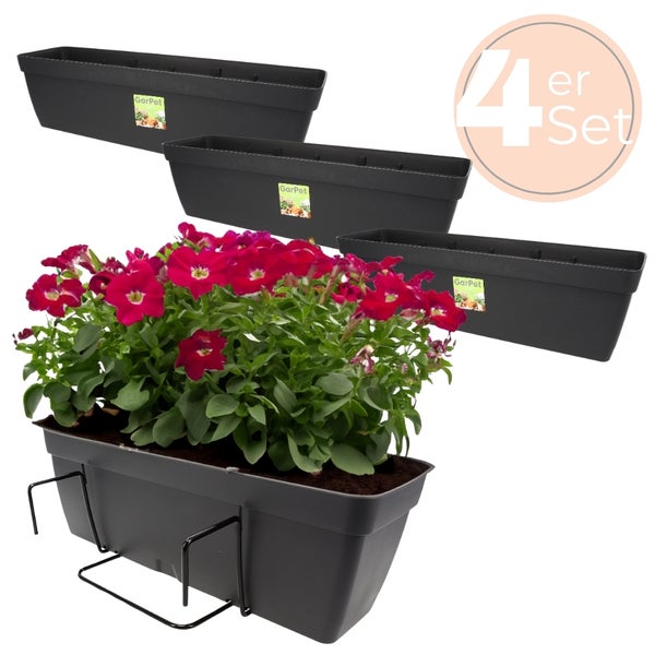 Blumenkasten im Viererset mit Halterung und roter Bepflanzung