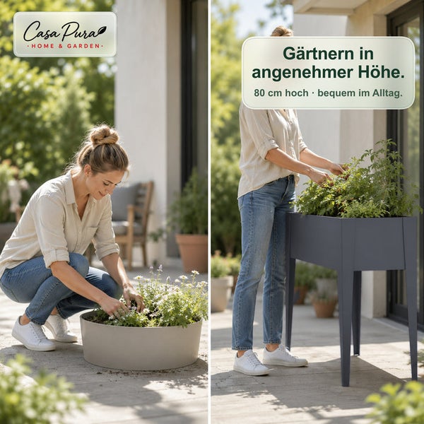 Vergleich beim Gärtnern: links hockend an niedriger Pflanzschale, rechts aufrecht stehend an einem 80 Zentimeter hohen Hochbeet von Casa Pura.