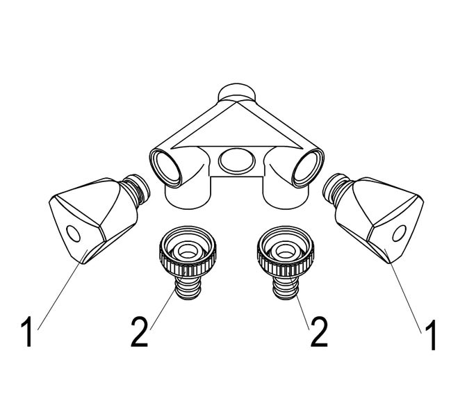 Technische Zeichnung eines 2-Wege-Wasserverteilers mit nummerierten Einzelteilen Drehregler und Schlauchanschlüsse.
