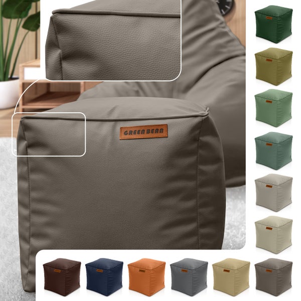 Detailaufnahme eines würfelförmigen Sitzsacks mit Kunstlederbezug und Green Bean Logo