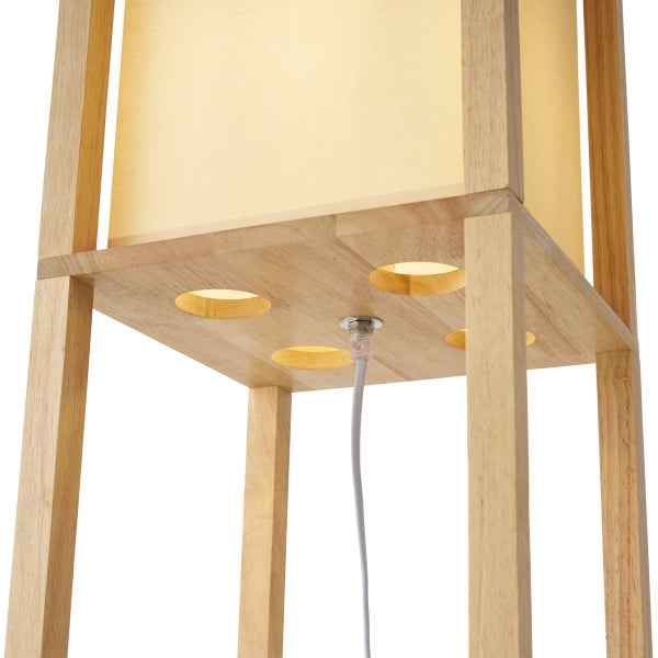 Stehlampe mit Holzrahmen und Stoffschirm, Detailansicht der Unterseite mit Standfüßen und Stromkabelanschluss.