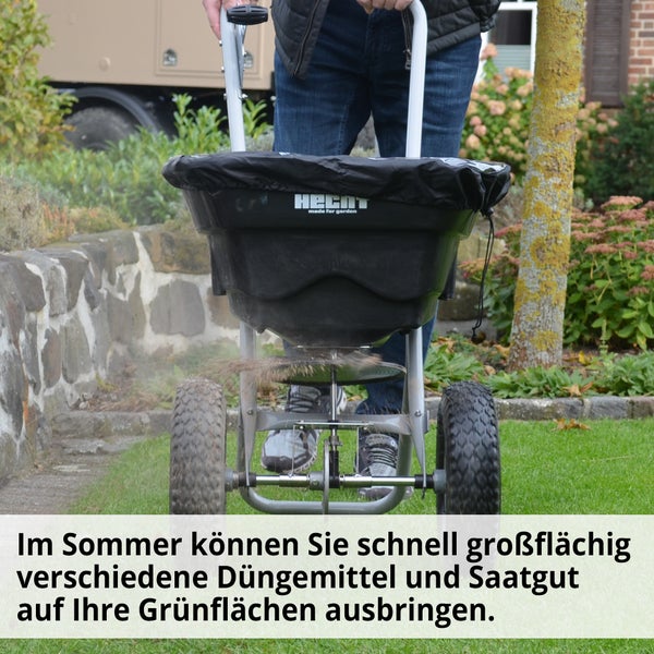 Gartengerät zum Ausbringen von Dünger und Saatgut auf Grünflächen.