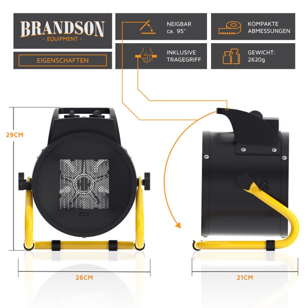 Brandson Bauheizer mit Tragegriff 3000W, Keramikheizer, Heizlüfter, Heizgebläse 3 kW, Überhitzungsschutz, Automatische Abschaltung, 2 Leistungsstufen