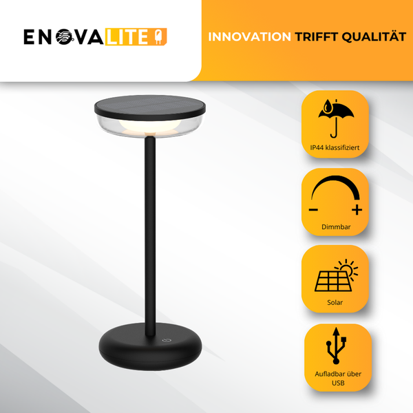 EnovaLite Logo, Tischleuchte mit Solarpanel, dimmbar, IP44 klassifiziert, aufladbar über USB