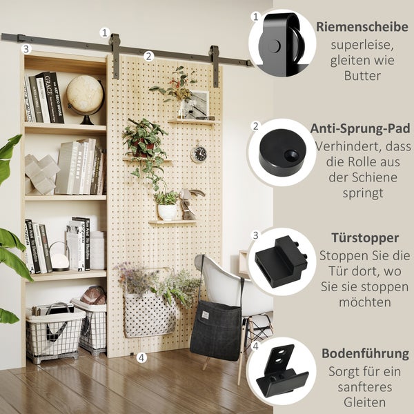 HOMCOM Schiebetüren-Beschlagsatz mit Schrauben Laufschiene Komplett-Set Schiebetürsystem für einzelne Holztür, aus Kohlenstoffstahl Schwarz 200 x 40 x 0,6 cm