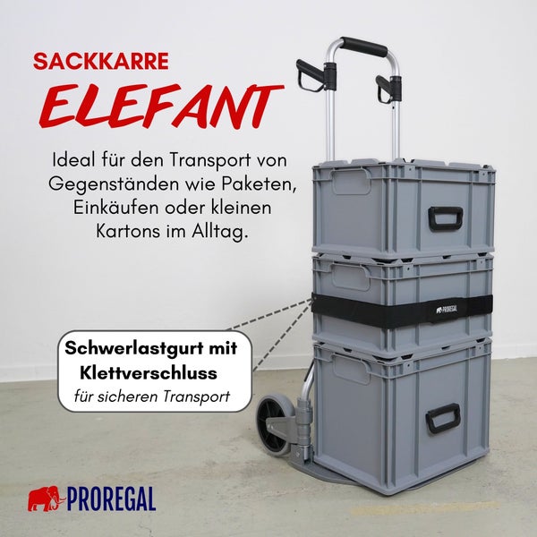 PROREGAL Klappbare Profi-Sackkarre ELEPHANT HxBxT 115x50x53cm Traglast 150kg Aluminiumrahmen, ergonomische Griffe, TRR Fachgummiräder Silber