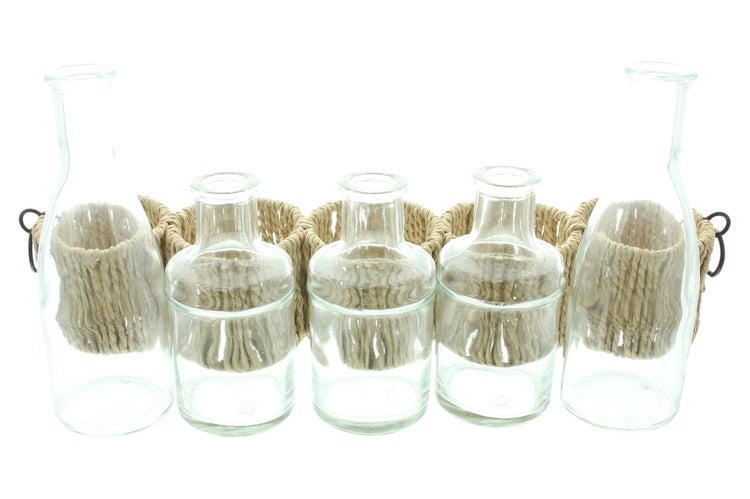 FRANK FLECHTWAREN | Vasenset Bottles, GLAS, METALL, PAPIER, 43,5 x 7 x 19 cm
