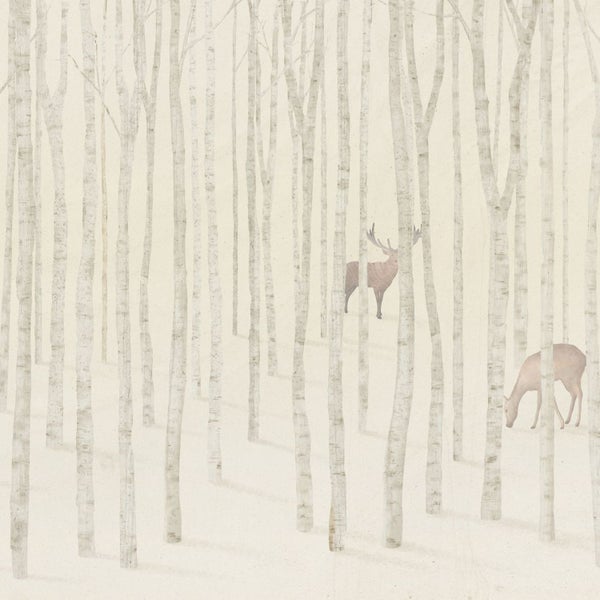 Illustration eines Birkenwaldes mit Rehen