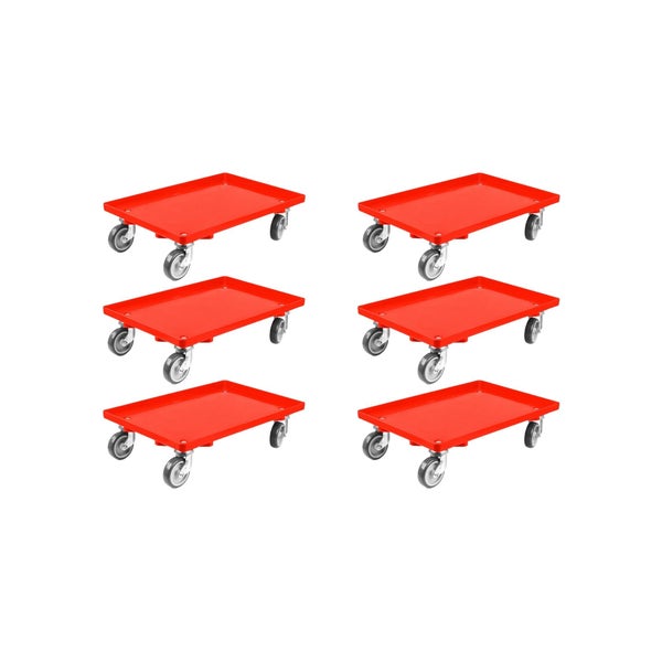 PROREGAL SparSet 6x Transportroller für Euroboxen 60 x 40 cm mit Gummiräder Rot Geschlossenes Deck 4 Lenkrollen Traglast 300 kg