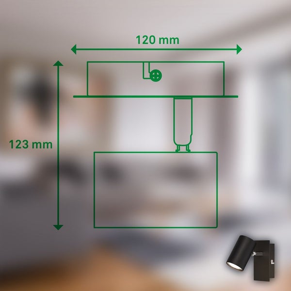 Technische Zeichnung einer Wandleuchte mit den Maßen 120 mm Breite und 123 mm Höhe.