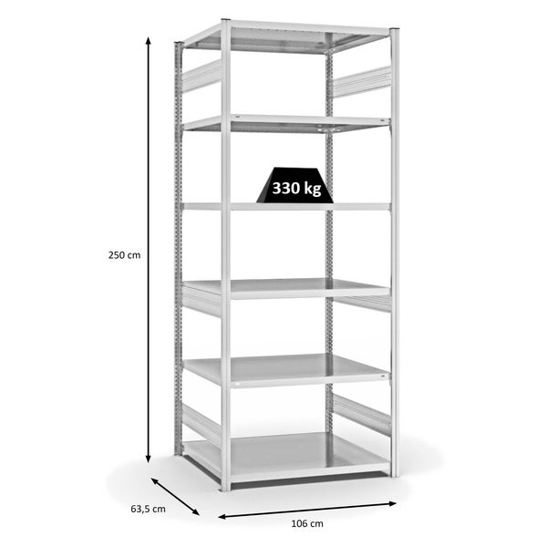 PROREGAL Fachbodenregal Stecksystem T-Profil Heavy-Duty Grundregal HxBxT 250 x 100 x 60 cm 6 Ebenen Fachlast 330 kg Beidseitig Nutzbar Lichtgrau