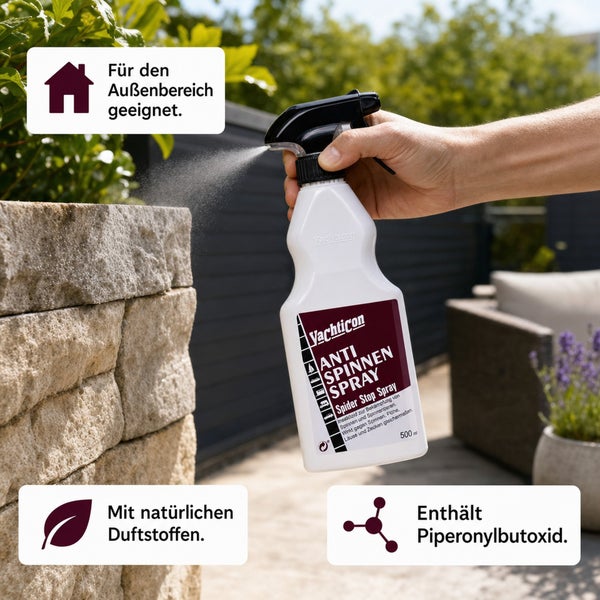 Hand sprüht Yachticon Anti Spinnenspray zur Schädlingsbekämpfung im Außenbereich mit natürlichen Duftstoffen und Piperonylbutoxid.