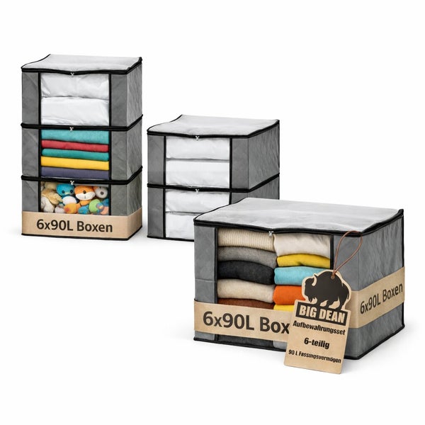 Set aus sechs faltbaren Aufbewahrungsboxen mit je 90 Liter Volumen, ideal für Kleidung und Textilien mit Sichtfenster und Reißverschluss.