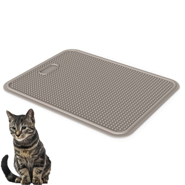 Graue Katzenklo-Matte aus Silikon mit strukturierter Noppenoberfläche und erhöhtem Rand zur Reinigung der Katzenpfoten.
