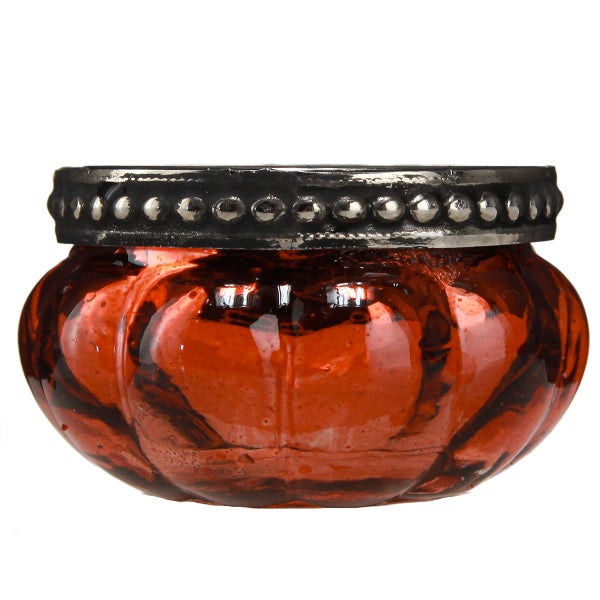 Roter gerippter Teelichthalter aus Glas mit einem Metallrand mit Perlenmuster.
