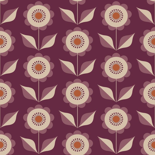 Nahtloses Muster mit stilisierten Blumen und Blättern auf farbigem Hintergrund