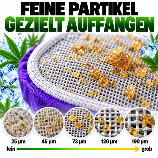 Pflanzenextraktionssieb mit verschiedenen Maschenweiten von 25 Mikrometer bis 190 Mikrometer zur gezielten Auffangung von feinen Partikeln.