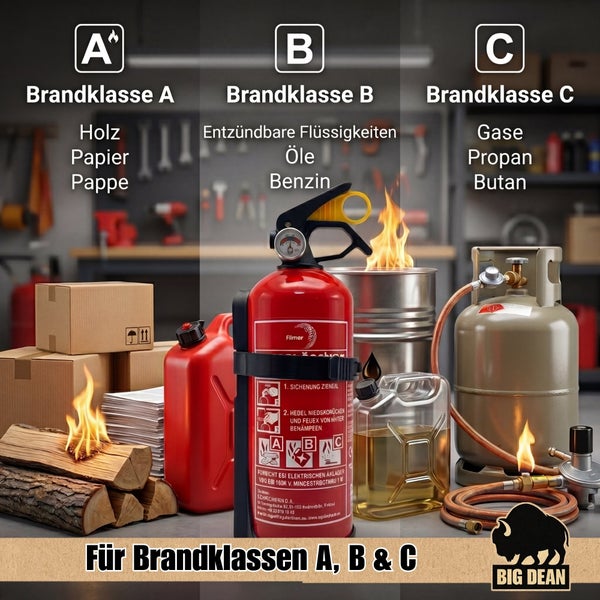 Infografik zeigt Feuerlöscher für Brandklassen A, B und C mit Anwendungsbeispielen für Feststoffe, Flüssigkeiten und Gase in einer Werkstatt.