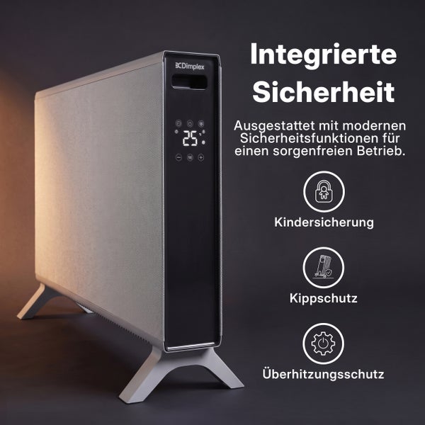 Dimplex Konvektor mit Display und integrierten Sicherheitsfunktionen wie Kindersicherung, Kippschutz und Überhitzungsschutz.