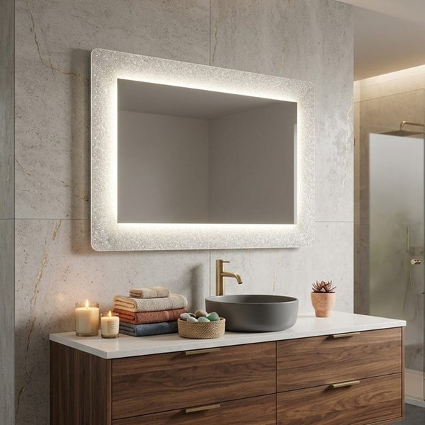 Moderner Badezimmerspiegel mit LED-Beleuchtung und Glitzereffekt-Rahmen über einem dunklen Holz-Waschtisch mit grauem Aufsatzwaschbecken.