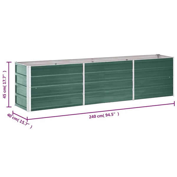 Rechteckiges Hochbeet aus Metall mit den Maßen 240 mal 40 mal 45 Zentimeter für den Garten.