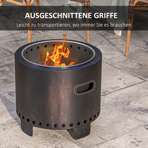 Outsunny Feuerschale, rauchfreier Tischfeuer, Ø45 cm Feuerstelle mit Griff, Schürhaken, Feuerkorb für Garten, Camping, Terrasse, Metall, Schwarz