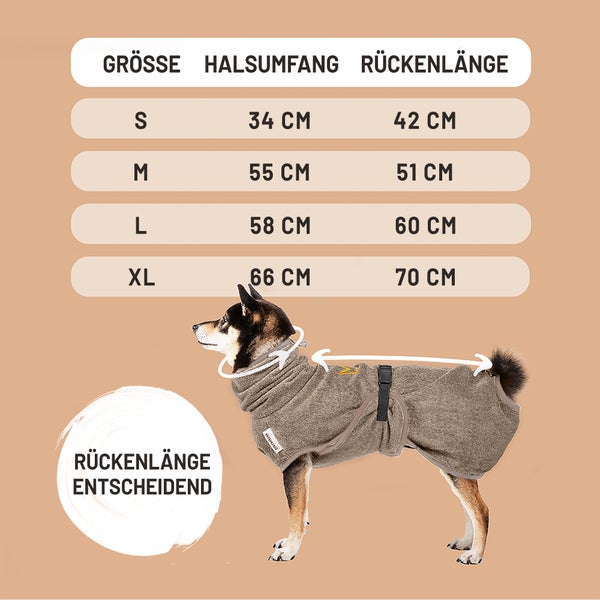 Größentabelle für Hundebekleidung mit Angaben zu Größe, Halsumfang und Rückenlänge