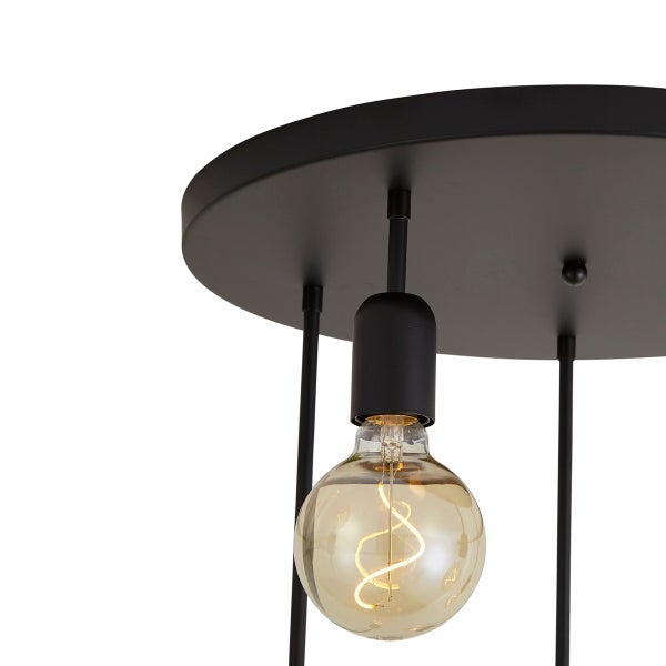 Schwarze Deckenleuchte aus Metall mit runder Deckenplatte und einer Vintage-LED-Filamentlampe.