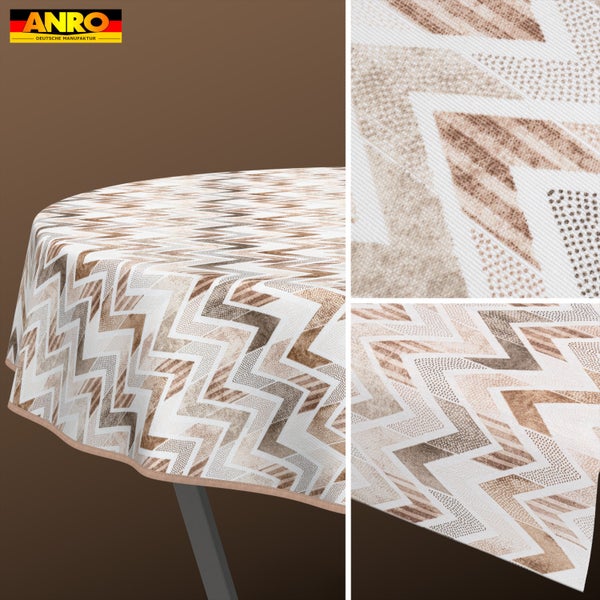 Runde Tischdecke mit Zickzack-Muster und Detailansicht der Struktur. ANRO Logo.