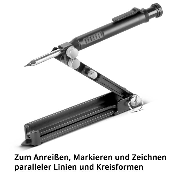 Schwarzer Metallzirkel mit Einstellrad und Graphitmine, zeichnet einen Kreisbogen.