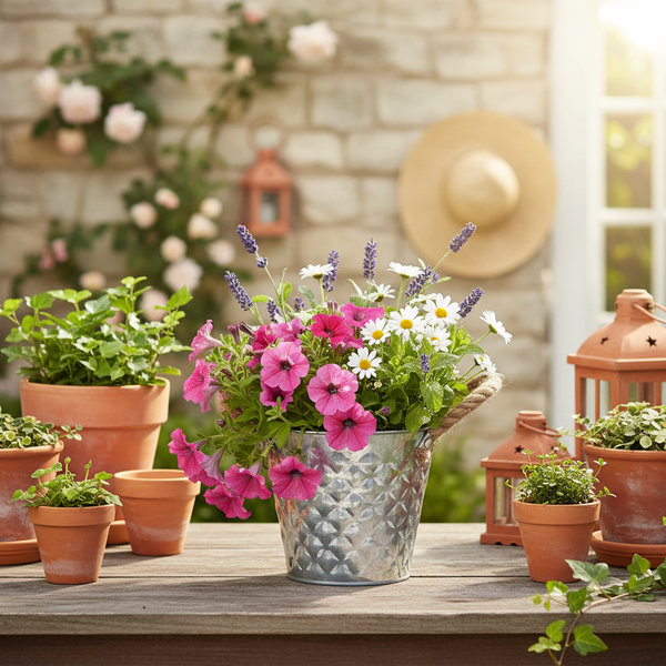 Helle Gartenszene mit Blumen in einem verzinkten Eimer und Terrakottatöpfen auf einem Holztisch vor einer Steinwand mit Kletterrosen.