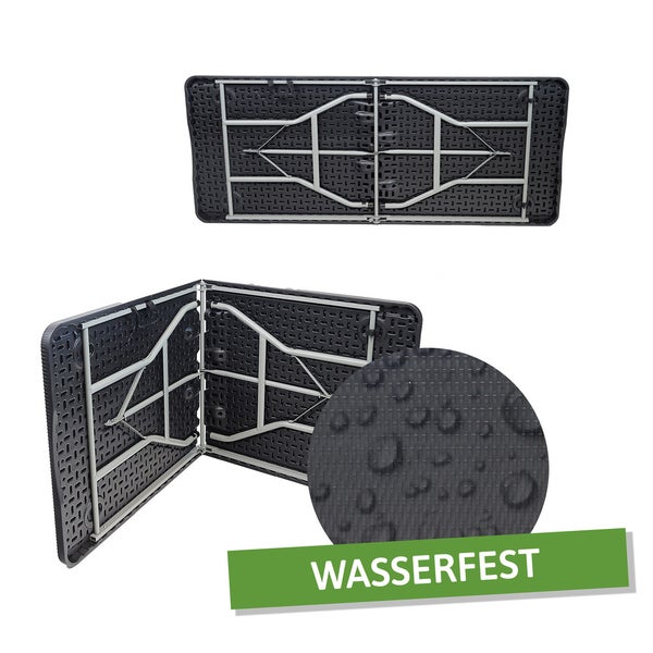 Klapptisch Unterseite mit Metallgestell und Detailansicht der wasserfesten Kunststoffoberfläche.