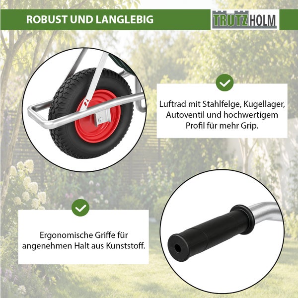 Schubkarrenrad mit Stahlfelge und Kunststoffgriff der Marke Trutzholm für eine robuste Nutzung.
