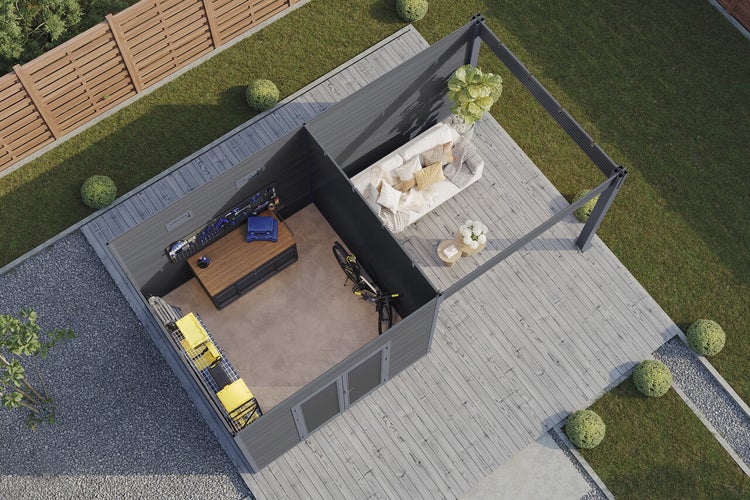 Gartenhaus mit integriertem Werkstattbereich und offener Terrasse in der Draufsicht mit modernem Design aus robusten Materialien.
