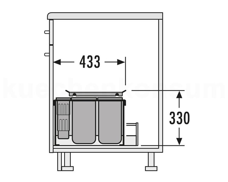 Technische Zeichnung eines Abfalltrennsystems für einen Küchenunterschrank mit einer Breite von 433 und einer Höhe von 330.