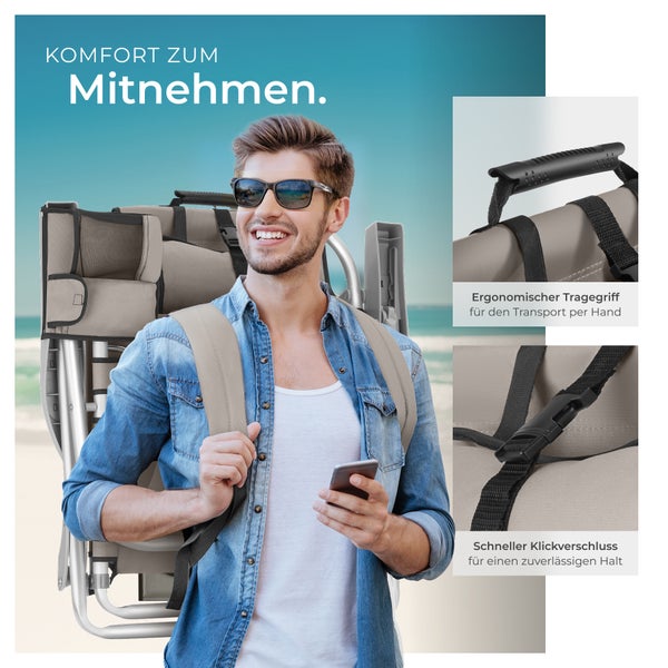 Mann trägt einen Rucksackstuhl mit ergonomischem Tragegriff und Schnellverschluss